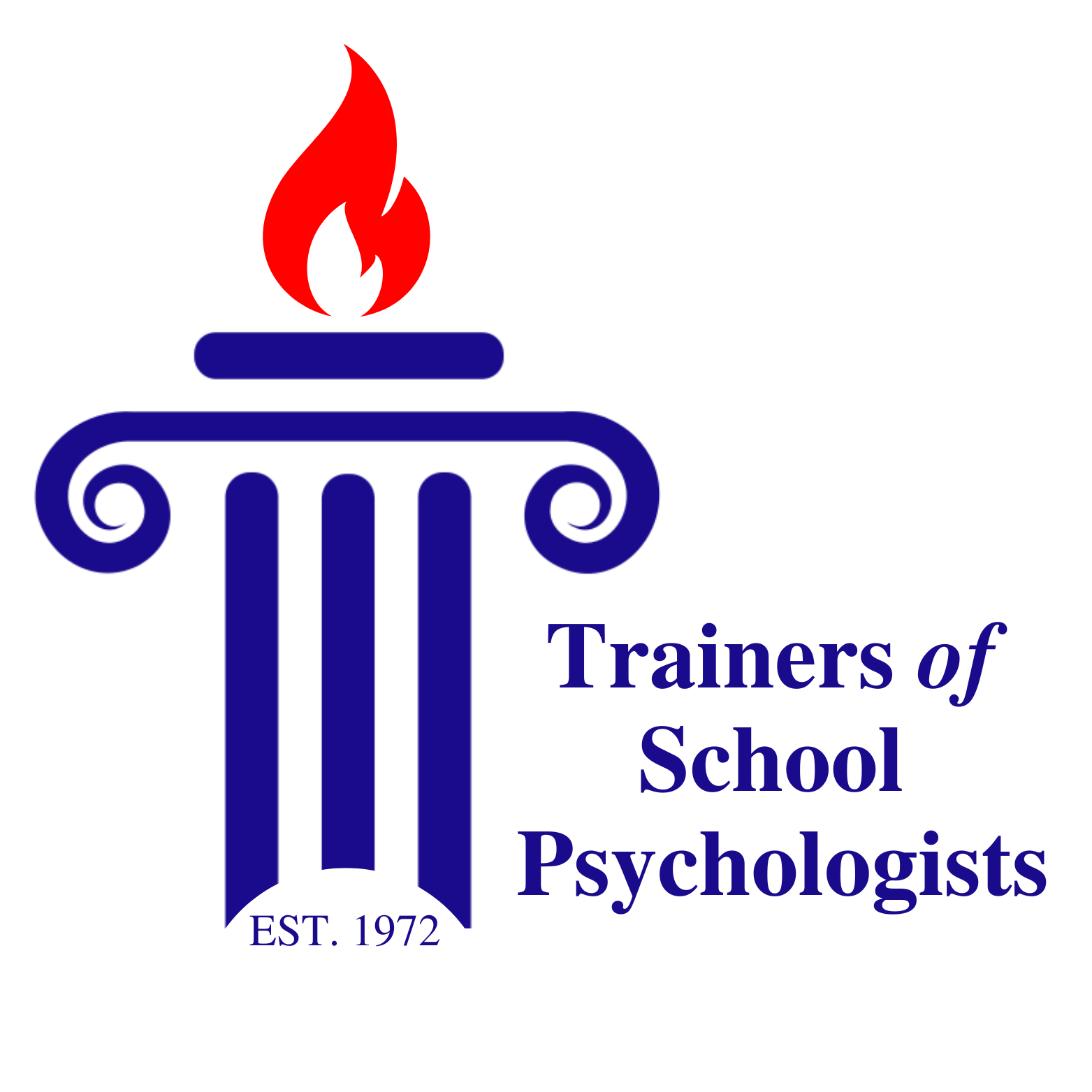Trainers of School Psychologists Logo Featuring Red Flame on top of Blue Classical Column with text Est. 1972 at it's base